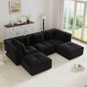 English Elm Modern Corduroy U-shaped Sectional with Tufted Cushions Deep Seat and Movable Ottomans Black W714S01791
