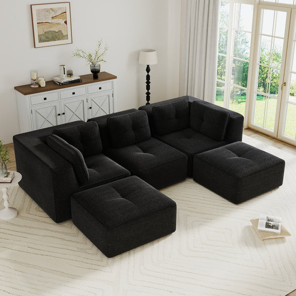 English Elm Modern Corduroy U-shaped Sectional with Tufted Cushions Deep Seat and Movable Ottomans Black W714S01791