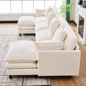 English Elm 140.9-inch U-shaped Modular Sectional Sofa with Ottomans Chenille Cloud Cushions Beige W288S00029