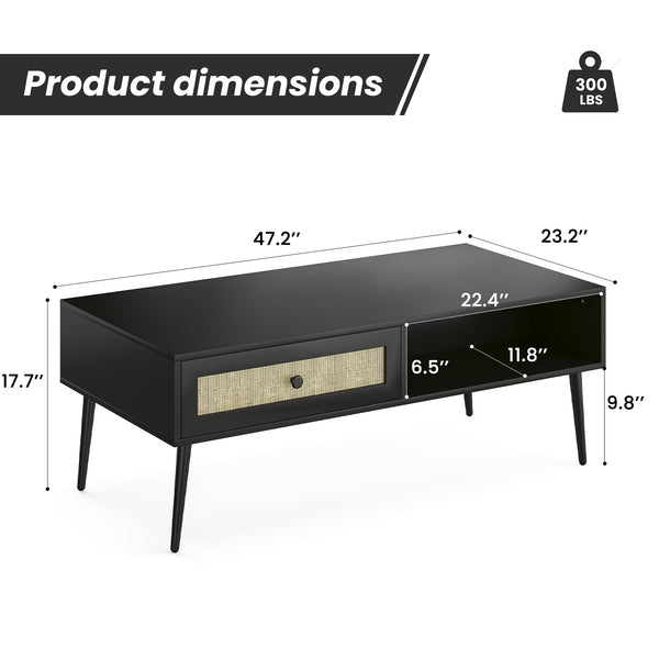 English Elm Mid-Century 47" Rectangle Console Coffee Table with Rattan Drawer & Open Shelf, Metal Legs, Black - Stylish Storage and Durable Design T3623P379996