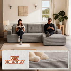 English Elm Right-Facing Chaise modular sectional sofa with plush corduroy, boneless design, converts to bed Brown Gray W3565S00004