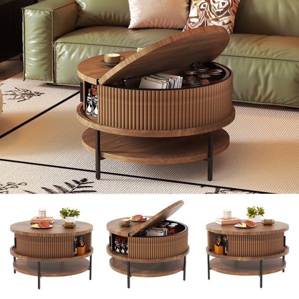 English Elm Flip-top Round Storage Coffee Table Farmhouse Wood Grain Steel Frame Living Room T2398P411961
