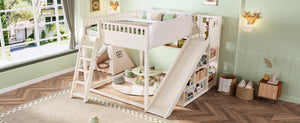 English Elm Queen Loft Bed with Upholstered Headboard Built-in Slide and Open Storage Shelves Beige W1580S00307