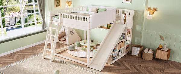 English Elm Queen Loft Bed with Upholstered Headboard Built-in Slide and Open Storage Shelves Beige W1580S00307