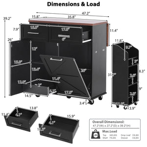 English Elm K&K 47.2" Farmhouse Kitchen Island with Drop Leaf, Removable Side Shelf, Trash Cabinet, Wheels Black N707P307296B