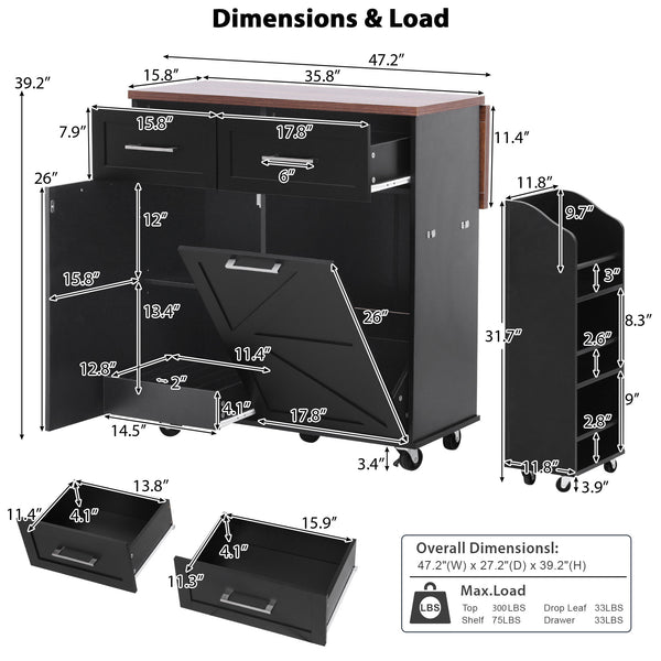 English Elm K&K 47.2" Farmhouse Kitchen Island with Drop Leaf, Removable Side Shelf, Trash Cabinet, Wheels Black N707P307296B