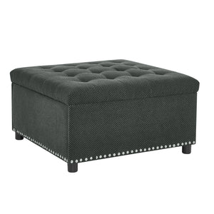 English Elm Storage Ottoman Tufted Nailhead Trim Lift Top Footstool for Living Room or Bedroom Dark Grey W5568P446991