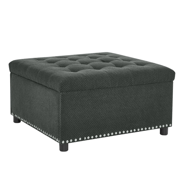 English Elm Storage Ottoman Tufted Nailhead Trim Lift Top Footstool for Living Room or Bedroom Dark Grey W5568P446991