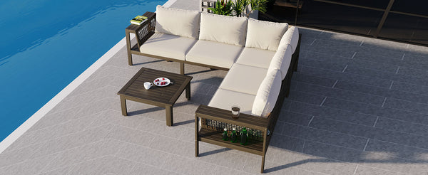 English Elm GO 4 Pieces Outdoor Acacia Wood Sofa Set with Removable Cushions, Woven Armrests & Coffee Table Beige,Grayish Brown N704G201249A