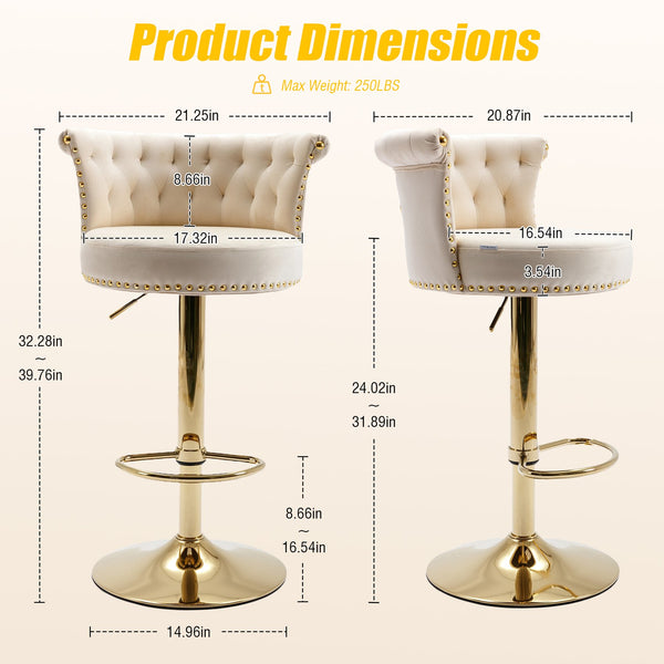English Elm UNITED Velvet 360° Rotating Bar Chair with Diamond Stitching, Gold Frame, Plush Foam Seat, Adjustable Height Beige W1568P361715