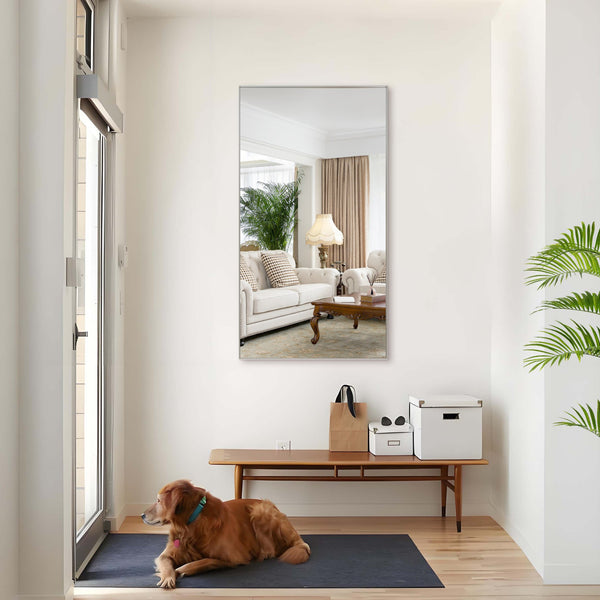 English Elm 55"x30" Oversized Modern Bathroom Mirror with Removable Tray Silver Aluminum Frame for Vertical or Horizontal Mounting W708P297404