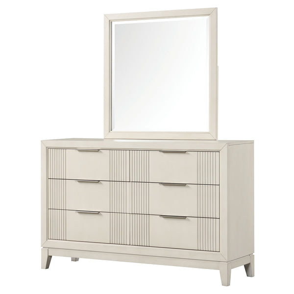 English Elm Antique White Six Drawer Dresser with Mirror Fluted Wood Panels Chrome Pulls B2741S00927