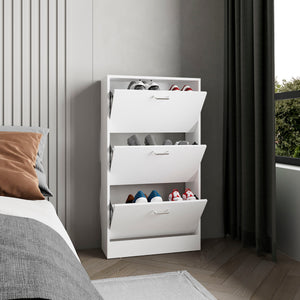 English Elm Inola Modern Pull-Down Shoe Rack — Slim 3-Compartment White Storage for 18 Pairs, Entryway-Friendly B200P361994