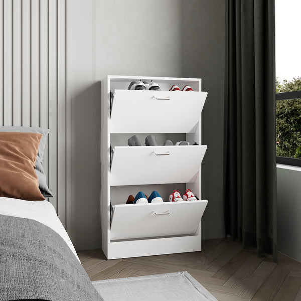 English Elm Inola Modern Pull-Down Shoe Rack — Slim 3-Compartment White Storage for 18 Pairs, Entryway-Friendly B200P361994