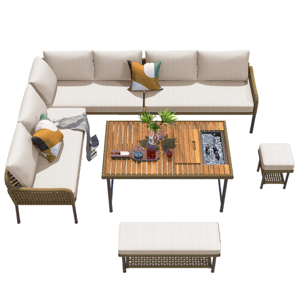 English Elm K&K 6-Piece Rope Patio L-Shaped Sectional Set with Acacia Wood Ice Box Table and Deep Cushions Beige+Brown N707S000014Z