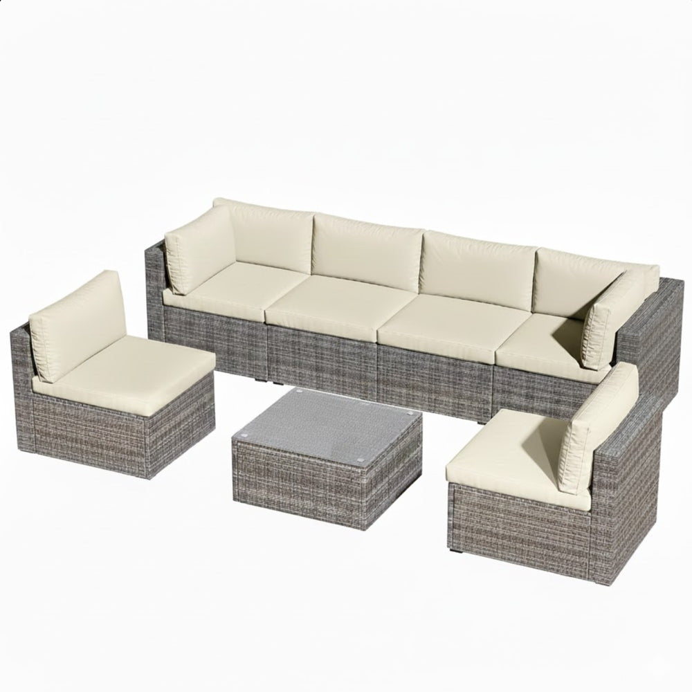 English Elm 7-piece Outdoor Modular Sectional Pe Wicker Patio Set with Tempered Glass Coffee Table Beige+Brown B082S00063