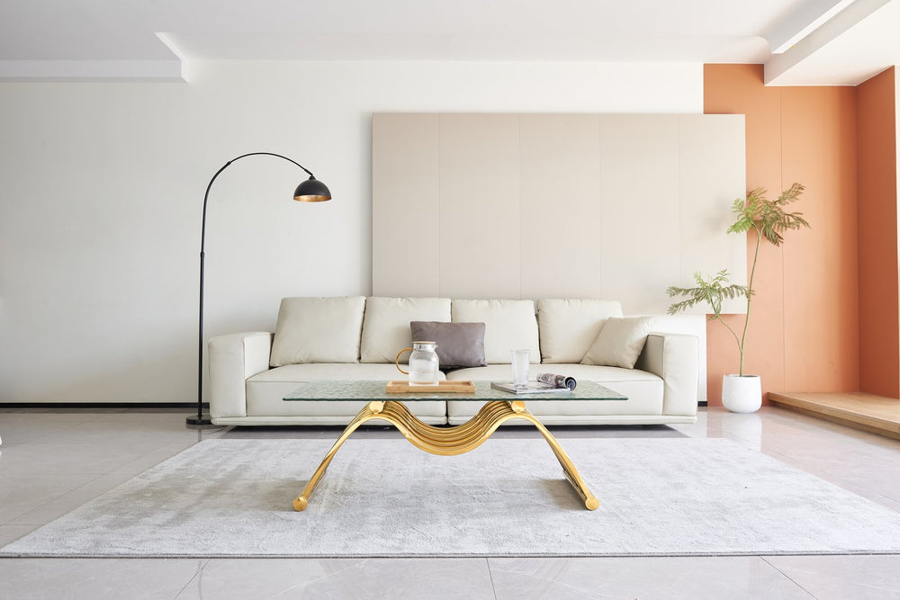 English Elm 47" Rectangle Modern Coffee Table With Ripple Glass Top, Gold Stainless Steel Frame, Easy Assembly W2978S00015