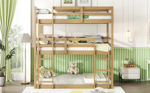 English Elm Triple Rubber Wood Bunk Bed with Built-In Ladders and Guardrails Maximizes Space for Families, Durable Design White Oak W504S00176