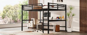 English Elm Metal Queen Size Loft Bed With Integrated Desk, Led Lighting, Power Outlet & Space-Saving Design W1580S00182