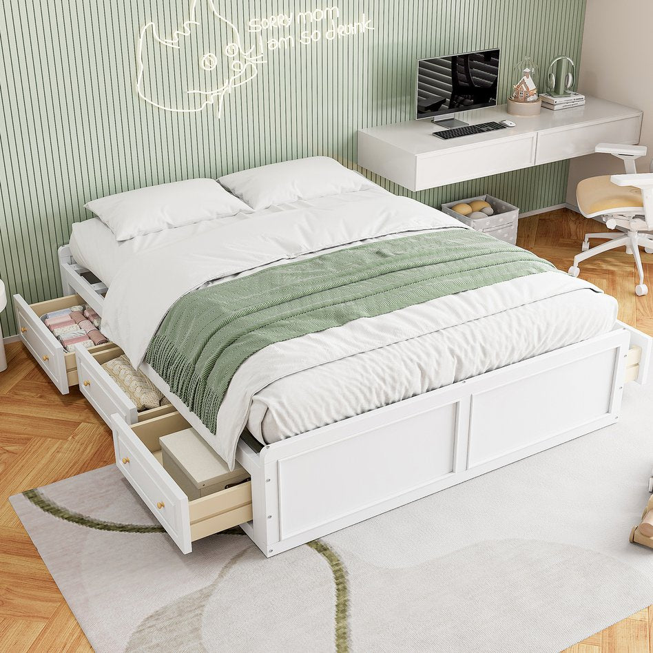 English Elm Wood Queen Platform Bed Solid Pine Frame Six Storage Drawers No Box Spring Needed White N709P241723K-1
