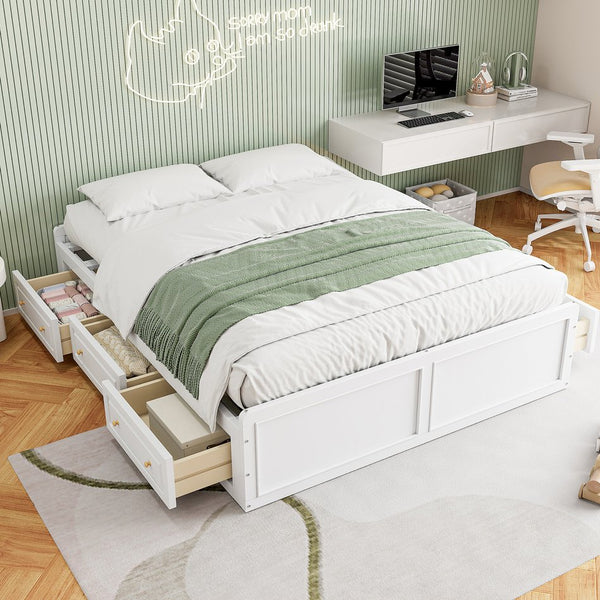 English Elm Wood Queen Platform Bed Solid Pine Frame Six Storage Drawers No Box Spring Needed White N709P241723K-1