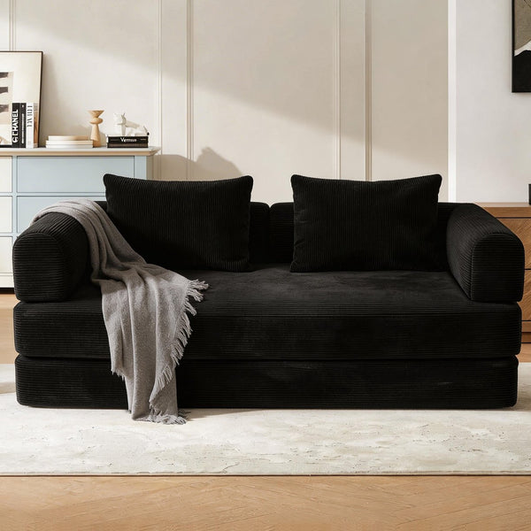 English Elm 78 Inch Corduroy Convertible Sofa Sleeper Futon with Foldable Armrests for Studio Rooms Black W5385P455023