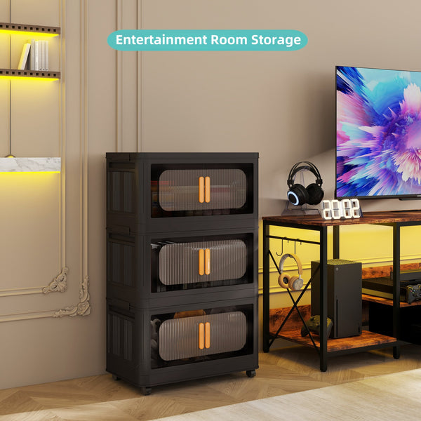 English Elm Black,20" Versatile Folding Storage Cabinet With 4 Tiers, Magnetic Door, Wheels & Space-Saving Design W2873P239384