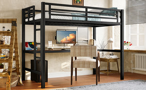 English Elm Metal Twin Loft Bed With Integrated Desk, Power Outlet, Led Lights - Space-Saving Design In Black W1580P372863