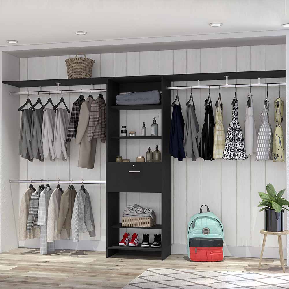 English Elm Closet Ashland Black Bedroom System — Heavy-Duty Particleboard Organizer, Shelves, Drawer, 118" Coverage B092S00010