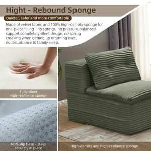 English Elm Multi Purpose Corduroy Sectional with Chaise Converts to King Floor Bed Deep Seat Green W3219S00009