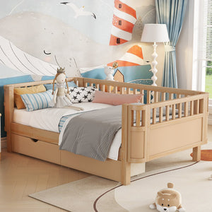 English Elm Twin Solid Wood Platform Bed with Guardrail for Kids, Low-Profile Sturdy Pine Frame, Safe Sleep Solution Natural 69.69 L x 18.5 W x 7.68 H W2593P331680