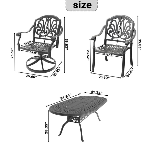 English Elm 7-piece Outdoor Cast Aluminum Oval Dining Set with Ornate Relief and Swivel Chairs W1710S00654