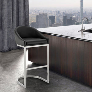 English Elm Ambrie Brushed Stainless 30" Bar Stool with Black Faux Leather, Cantilever Base, Durable 250lb Capacity B2736P354318