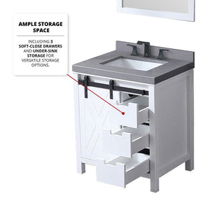 English Elm White Bath Vanity Set With Grey Quartz Countertop, Matte Black Faucet & 28" Mirror For Modern Style B2731S01272-GIGA