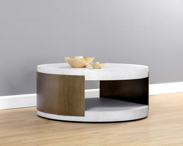 Sunpan Cavette Coffee Table - Elegant White Concrete & Brass Frame Design for Indoor & Outdoor Spaces