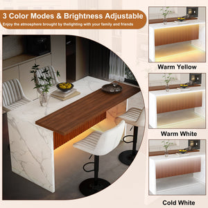 English Elm 63" Modern Kitchen Island Set With 4 Beige Bar Stools, Led Lighting & Walnut Accents For Style W2699S00076