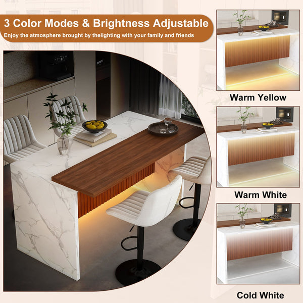 English Elm 63" Modern Kitchen Island Set With 4 Beige Bar Stools, Led Lighting & Walnut Accents For Style W2699S00076