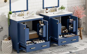 English Elm 60" Blue Double Vanity with Ceramic Sinks, Solid Wood Frame, Divided Drawers & Soft-Close Doors N729P000001C