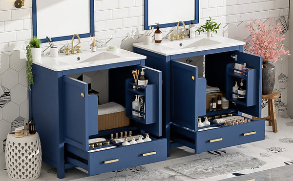 English Elm 60" Blue Double Vanity with Ceramic Sinks, Solid Wood Frame, Divided Drawers & Soft-Close Doors N729P000001C