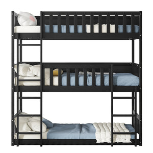 English Elm Twin Triple Rubberwood Bunk Bed with Ladders & Guardrails, Space-Saving Modular Design for Families Black W504S00173