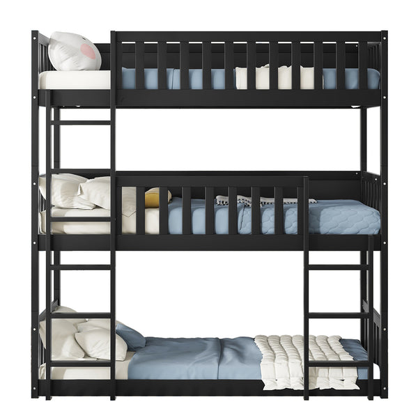 English Elm Twin Triple Rubberwood Bunk Bed with Ladders & Guardrails, Space-Saving Modular Design for Families Black W504S00173