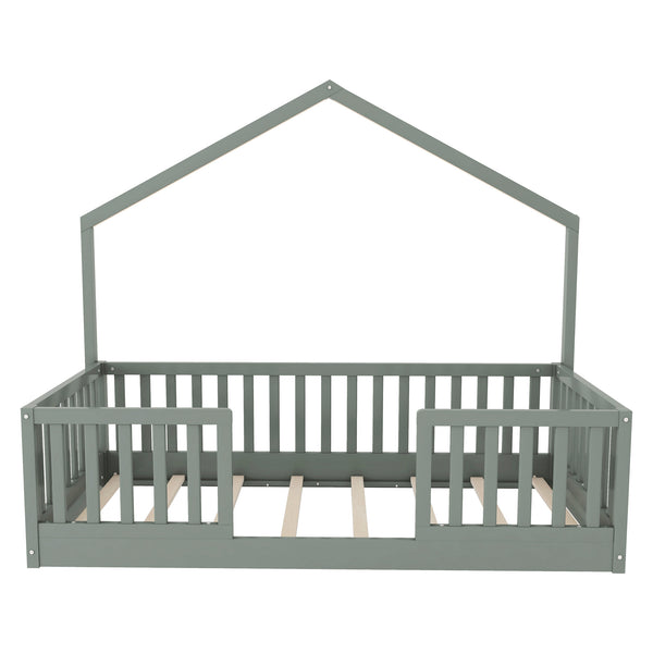 English Elm Twin Montessori Floor Bed House Frame with Led Lighting and Safety Rails for Kids Grey W2593P440597