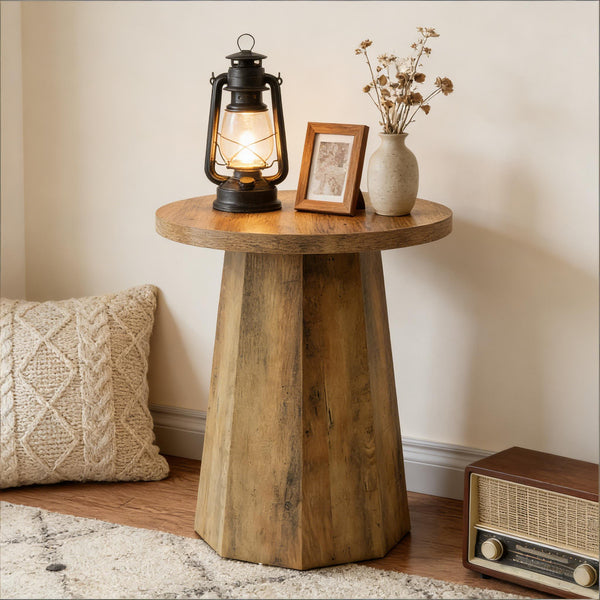 English Elm Wooden Round Side Table Compact Farmhouse End with Scratch Resistant Surface T3971P452664