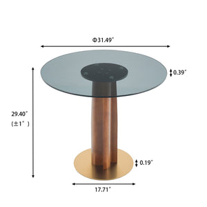 English Elm Modern Round Dining Table - 33.5" Tempered Glass Top With Elegant Wooden Legs & Gold Base, 2-Person W1535S00604