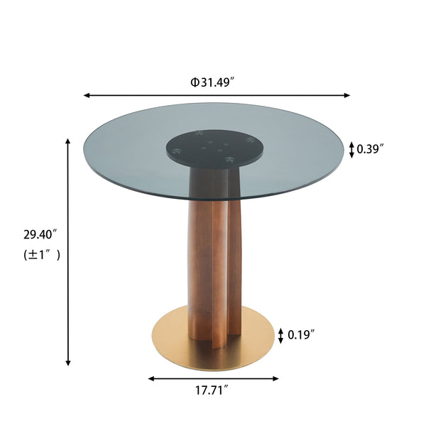 English Elm Modern Round Dining Table - 33.5" Tempered Glass Top With Elegant Wooden Legs & Gold Base, 2-Person W1535S00604
