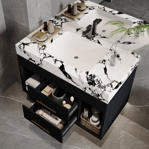 English Elm 29.9" Floating Bathroom Vanity Sintered Stone Top Soft Close Drawers Bronze Gold Hardware Black,Black White W3136S00036