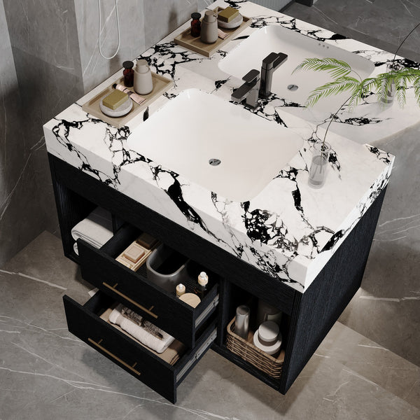 English Elm 29.9" Floating Bathroom Vanity Sintered Stone Top Soft Close Drawers Bronze Gold Hardware Black,Black White W3136S00036
