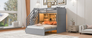 English Elm Twin Over Full Bunk Bed with Wardrobe Storage Stairs Shelves and Usb Charging Gray LT000292AAE