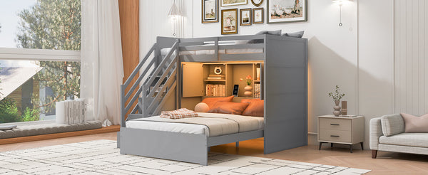 English Elm Twin Over Full Bunk Bed with Wardrobe Storage Stairs Shelves and Usb Charging Gray LT000292AAE