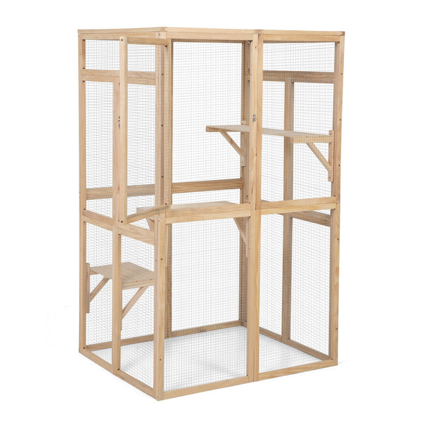 English Elm Wooden Pine Outdoor Cat Enclosure with Platforms Hammock and Uv Resistant Roof W2181P191345